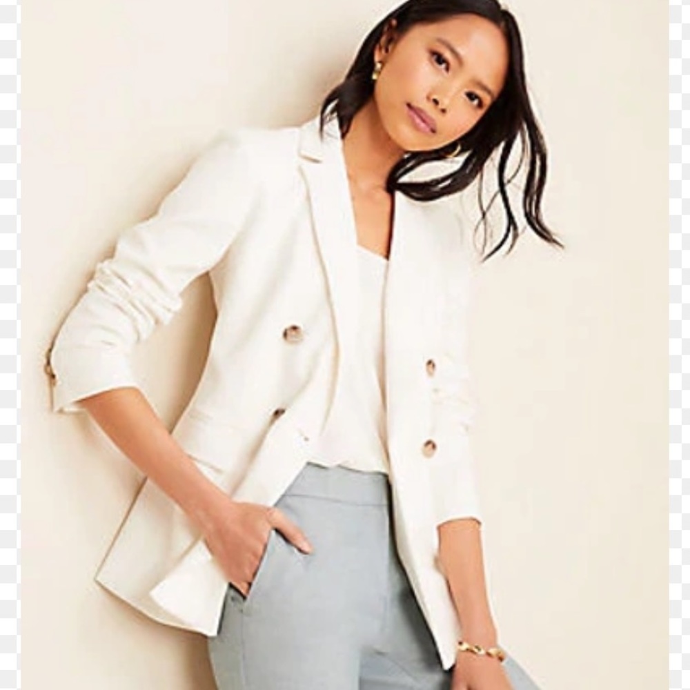 Ann Taylor long double breasted cream blazer